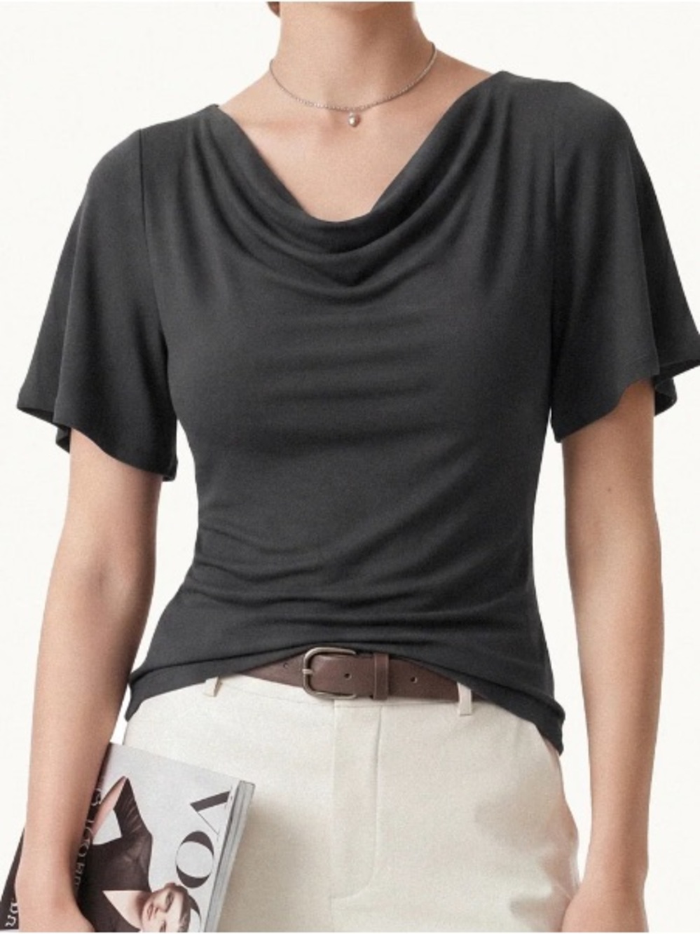 OGL | Cowl Neck Flutter Sleeve Bra Top Blue Charcoal | Large New with Tags